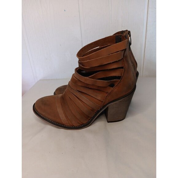 Free People Women 7 Hybrid Leather Strappy Ankle Booties Brown Stacked 3.5" Heel - Picture 4 of 10